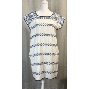 J Marie Dress Women's Size Small "Maria" Short White Blue Embroidered Coastal